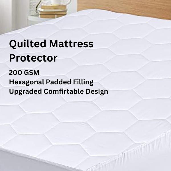 Hexagonal Mattress Protector Triple Filled 200 GSM Elastic Fitting Triple Filled Quilted Fitted Cover Sheet 40cm Deep Skirt Double Bed  Noiseless Breathable