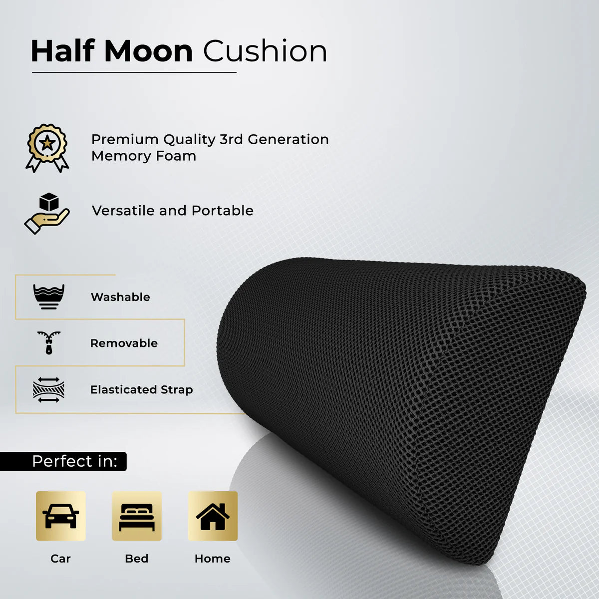 Highliving Half Moon Memory Foam Cushion – Premium Bed, Back, Neck, Leg Support and Knee Pillow (Black)