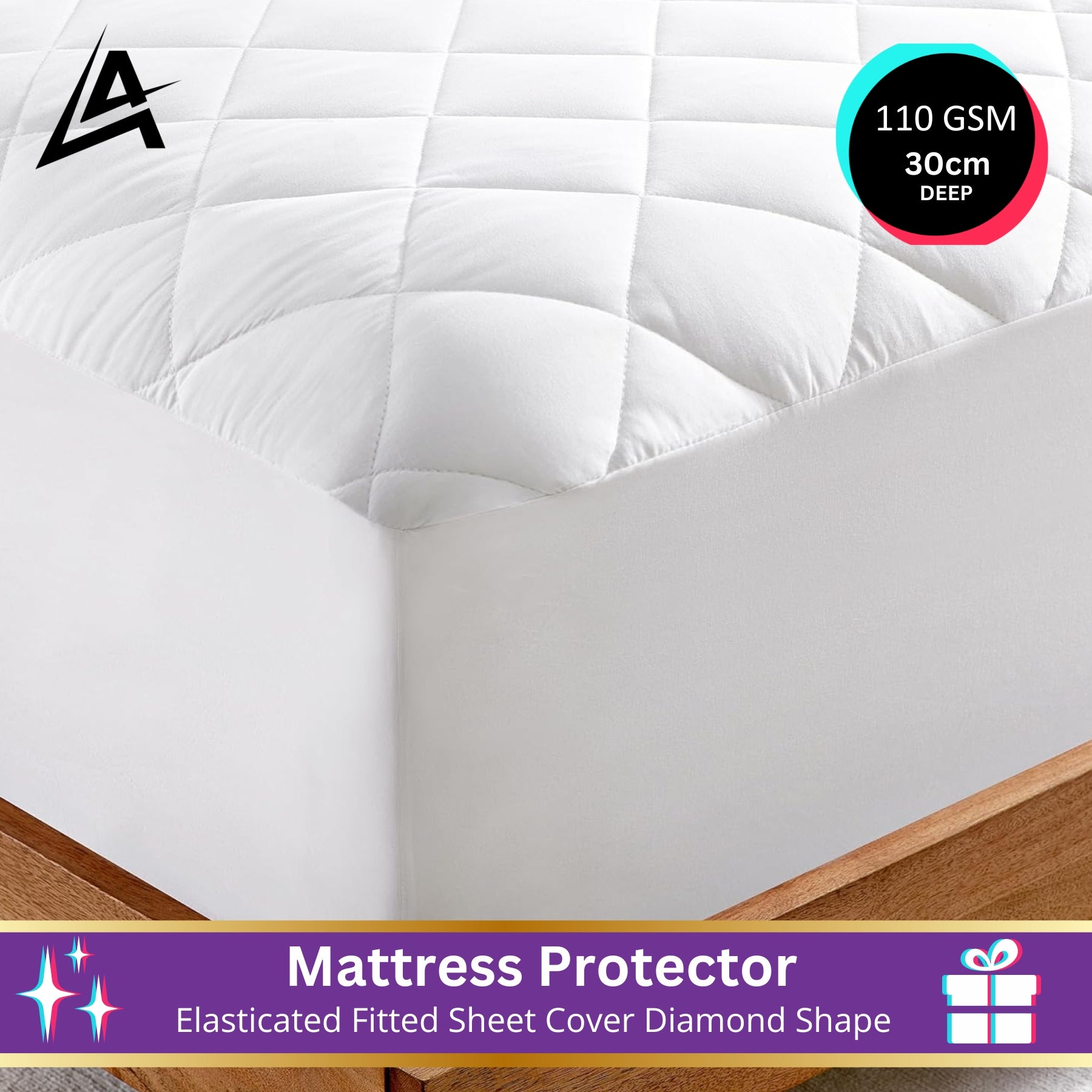 Diamond Shape Mattress Protector 110 GSM Fitted Sheet Cover , Elastic Fitting Light Weight 30cm Deep Skirt Double Bed  Noiseless Breathable  Flat Fitted Cover Sheet