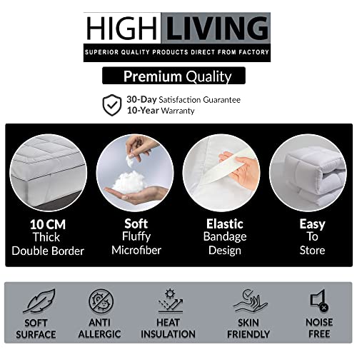 High Living Microfiber Mattress Topper 4 Inch/10cm Depth Extra Thick Luxury Full Size Bed Pad Soft Firm Bounceback Box Stitched Elasticated Corner Straps - Single Double King Super King